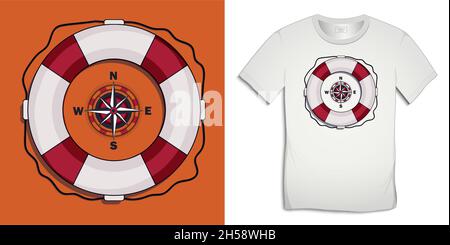 Lifebuoy with compass, print on t-shirt graphics design, isolated on background vector Stock Vector