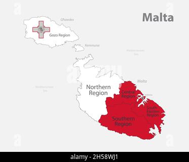 Map of the Malta in the colors of the flag with administrative divisions vector Stock Vector