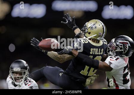 New Orleans, United States. 07th Nov, 2021. Atlanta Falcons linebacker Deion  Jones (45) flushes New Orleans Saints quarterback Trevor Siemian (15) out  of the pocket at the Caesars Superdome in New Orleans