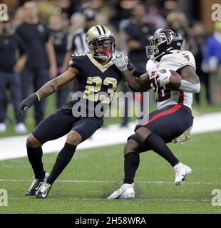 New Orleans, United States. 07th Nov, 2021. Atlanta Falcons cornerback  Fabian Moreau (22) breaks up a pass intended for New Orleans Saints wide  receiver Kenny Stills (12) at the Caesars Superdome in