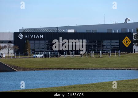 Normal, Illinois, USA. 7th Nov, 2021. Rivian company automotive assembly plant in Normal Illinois builds electric vehicles including their premier vehicle the R1T pick up truck. Credit: Alan Look/ZUMA Wire/Alamy Live News Stock Photo