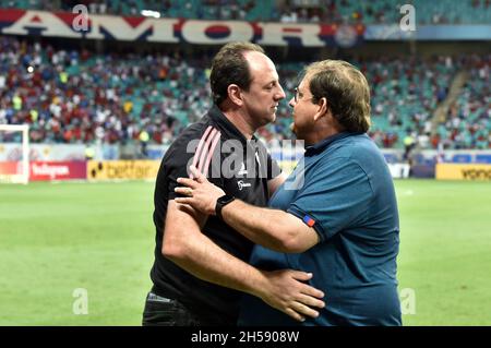 Salvador, Bahia, Brasil. 7th Nov, 2021. Brazilian Soccer Championship: Sao Paulo and Bahia. November 7, 2021, Salvador, Bahia, Brazil: Coaches Rogerio Ceni, from the Sao Paulo team, and Guto Ferreira, from Bahia, greet each other during soccer match between Bahia and Sao Paulo, valid for the 30th round of the Brazilian soccer Championship, held at Arena Fonte Nova stadium, in Salvador, Bahia, on Sunday (7). Bahia won the match 1-0, with a goal scored by Rossi. Credit: Walmir Cirne/TheNews2 (Credit Image: © Walmir Cirne/TheNEWS2 via ZUMA Press Wire) Stock Photo
