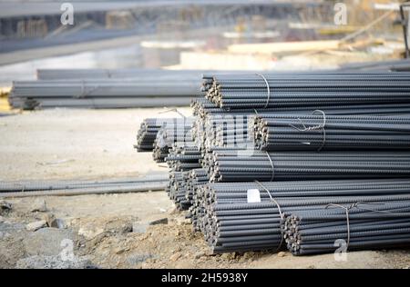 Steel work reinforcement,construction rebar. Close up steel armature . Stock Photo