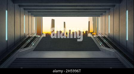 Businessman climbing stairs from underground upward to modern urban city. Ambitions concept. 3d rendering Stock Photo