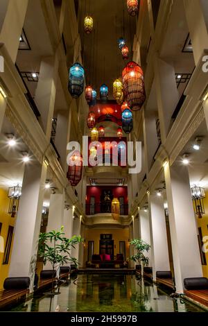 Bangkok, Thailand - Feb 16, 2020 : The interior chinese style of Shanghai mansion bangkok with beautiful traditional Chinese Bamboo Hanging Lanterns i Stock Photo