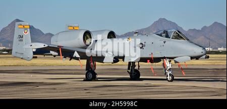 Tucson, USA - November 6, 2021: An Air Force A-10 WarthogThunderbolt II parked on a runway. This A-10 attack jet belongs to Davis-Monthan Air Force Ba Stock Photo