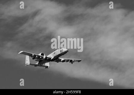 United States Air Force Jet Aircraft A-10 Thunderbolt II, a/k/a 'Warthog' or 'Hog'--Davis-Monthan AFB, Tucson, Arizona--Black and White Stock Photo