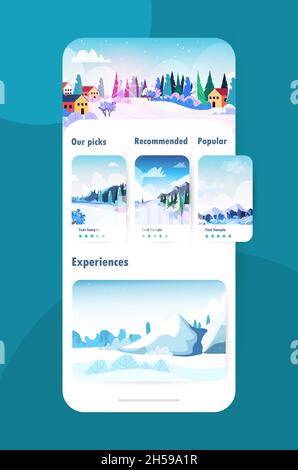 snowy mountain range beautiful nature greeting cards on smartphone screen landscape background ski resort Stock Vector