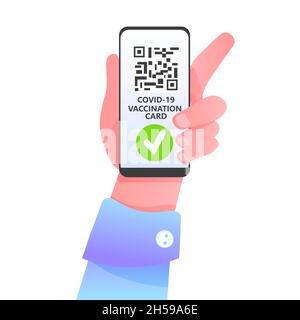 hand holding smartphone with digital immunity passport qr code on screen risk free covid-19 pandemic vaccination Stock Vector