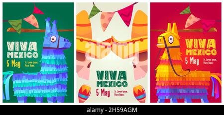 Viva Mexico cartoon flyers, mexican symbols skulls in sombrero, donkey pinatas, garlands and and maracas. Festive invitation for festival, traditional live music party, Mexico holiday vector posters Stock Vector