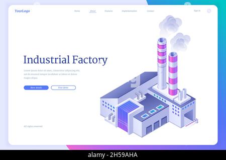 Industrial factory banner. Power station, manufacturing facility or production plant. Vector landing page with isometric manufactory exterior with chimney pipes and smoke clouds Stock Vector