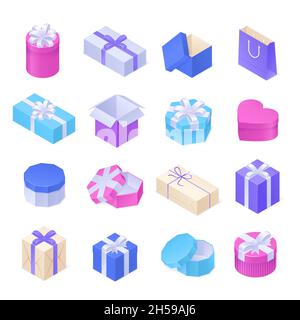 Isometric gift boxes for birthday, Christmas, Valentine day and holidays. Vector icons set of closed and open packages in shape of heart, square and circle with silver ribbon and bow Stock Vector