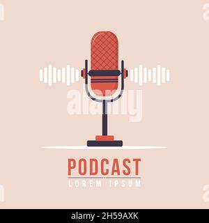 Podcast concept. Logo for live streaming, blogging and webcasting. Listening to music and audio broadcast. Recording webinar, tutorials and online Stock Vector