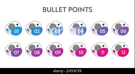 Bullet points numbers. Colorful list markers from 1 to 12. Vector design elements set for modern infographic. Stock Vector