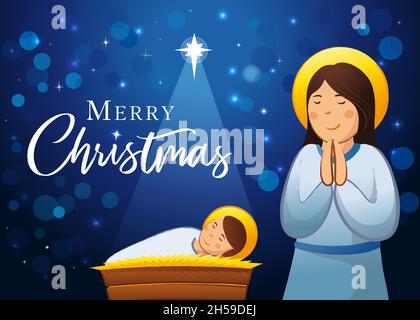 Merry Christmas banner. Nativity scene with Jesus in manger, Mary and star. Xmas story Mary and birth of baby Christ. Art drawing vector illustration Stock Vector