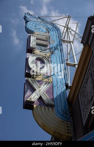 Banning, California, USA -  October 11, 2021: Afternoon sun shines on a historic Fox Theater sign. Stock Photo