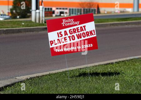 Bloomsburg, United States. 07th Nov, 2021. A sign recruiting workers is seen outside Ruby Tuesday restaurant.'Now Hiring' signs are seen in Bloomsburg, Pennsylvania. The U.S. Bureau of Labor Statistics has reported that total non-farm payroll employment rose by 531,000 in October 2021, and the unemployment rate edged down by 0.2 percentage points to 4.6 percent. Credit: SOPA Images Limited/Alamy Live News Stock Photo