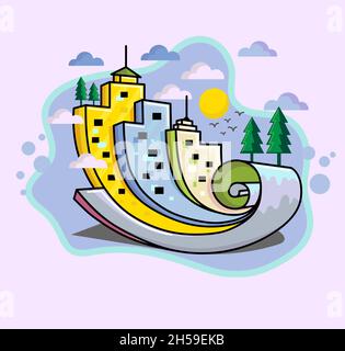 colorful city with tree, cloud and sun as a scroll paper illustration Stock Vector