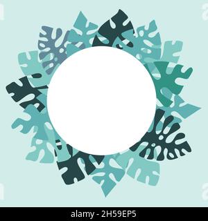 Round frame blue turquoise with tropical leaves monstera palm, vector illustration Stock Vector