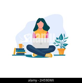 young girl sitting on the floor on the carpet with a laptop. A happy female freelancer working remotely in isolation. Cheerful girl hot tea, coffee. Stock Vector