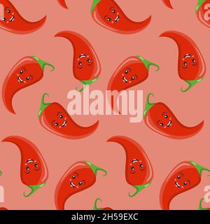 Seamless pattern, character smiling red chili pepper jalapeno, vector illustration Stock Vector