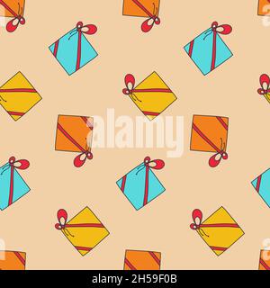 Gift with ribbon, yellow orange blue, hand drawing seamless pattern vector illustration Stock Vector