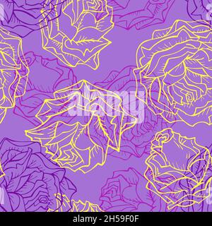 Vector seamless pattern with hand drawn roses. In violet and yellow colors. Stock Vector