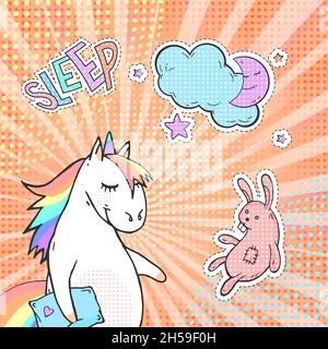 Cute unicorn,moon, toy rabbit and sticker with text SLEEP. Vector pop art background. Poster, greeting card or invitation in comic style. Stock Vector
