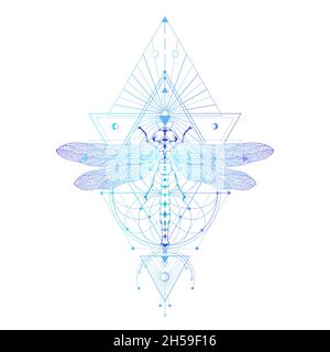 Vector illustration with hand drawn dragonfly and Sacred geometric symbol on white background. Abstract mystic sign. Colored linear shape. Stock Vector