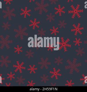 Snowy Christmas seamless pattern on a dark background, red crystal snowflake for textile Stock Vector
