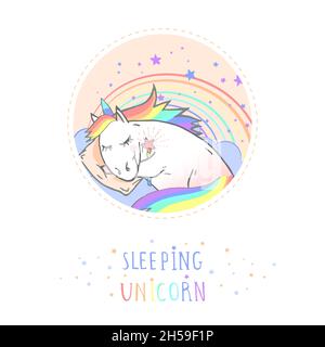Vector sticker or icon with hand drawn sleeping unicorn,magic wand and text - SLEEPING UNICORN on withe background. For your design. Cartoon style. Co Stock Vector