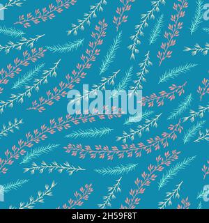 Vector seamless pattern with hand drawn floral elements. In blue and pink colors. Stock Vector