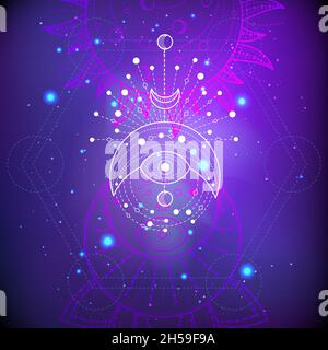 Vector illustration of Sacred or mystic symbol on abstract background. Geometric sign drawn in lines. Purple and pink color. For you design and magic Stock Vector