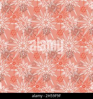 Snowy winter christmas seamless pattern, flash snowflake on pink orange background, crystal symmetrical ornament Stock Vector