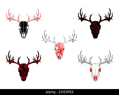 Vector set of hand drawn skulls deer with grunge elements in different versions on a white background. In black and red colors. For you design, tattoo Stock Vector