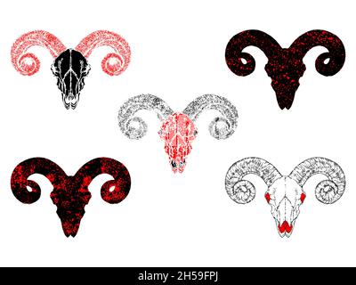Vector set of hand drawn skulls ram with grunge elements in different variants on a white background. In black and red colors. For you design, tattoo Stock Vector
