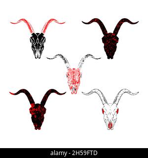 Vector set of hand drawn skulls goat with grunge elements in different versions on a white background. In black and red colors. For you design, tattoo Stock Vector