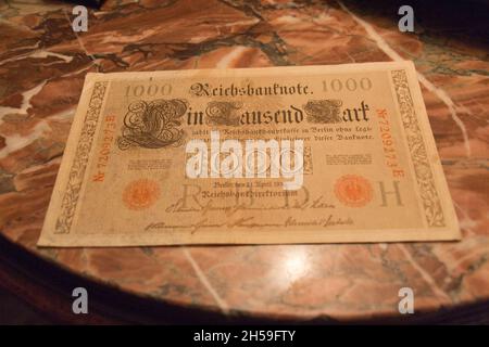 Kaliningrad, Russia - July 31 2019: interior view of Altes Haus Museum, back of 1000 mark reichsbanknote on a table on July 31 2019 in Kaliningrad, Ru Stock Photo