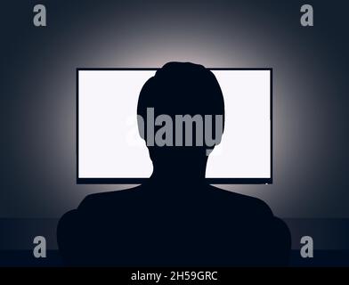 Vector illustration of man sits in front of a blank monitor in dark room Stock Vector