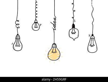 Idea light bulb. Doodle hand drawn sketch style lamp. Concept of business idea, solution, brainstorm. Lightbulb with line curve. Pencil draw style vector illustration. Stock Vector