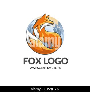 fox and autumn leaves with circle background logo vector illustration Stock Vector