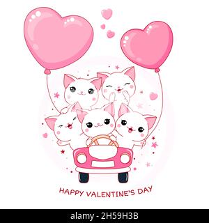 Valentine's day card. Kawaii cats rides in car. Five cute white kittens with heart-shaped balloons in pink car. Inscription Happy Valentines day. Vect Stock Vector