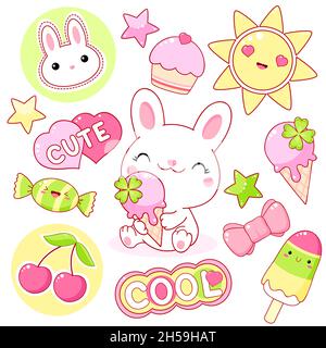 Set of cute yummy stickers in kawaii style. Lovely white bunny with ice cream, popsicle, cake, cherry, bow. Funny summer cartoon collection. Vector il Stock Vector