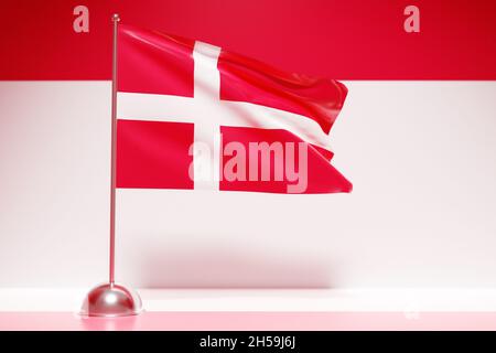 3D illustration of the national flag of Denmark on a metal flagpole fluttering .Country symbol.