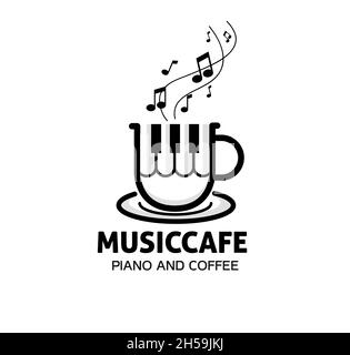 Coffee Music Cup logo design inspiration, piano and coffee vector, Technology and Digital Symbols, Food and Drink Signs, illustration for your Cafe Ba Stock Vector