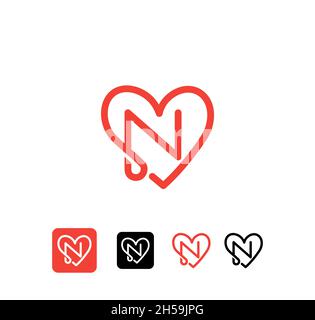 Simple and Clean illustration Logo initial Mono line n with heart, Letter n heart love logo icon Stock Vector