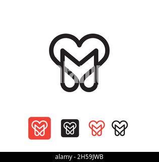 Simple and Clean illustration Logo initial Mono line m with heart, Letter m heart love logo icon Stock Vector