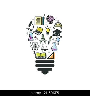 Light bulb and educational supplies. Creative thinking, e-learning. Back to school, education study concept flat vector illustration Stock Vector