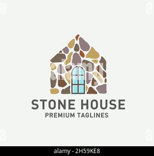 stone house logo vector,Home with stones shape logo design.creative house with build stones Stock Vector