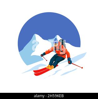 Skiers and snowboarders. Winter sport activities, people on snowboard, young skiers and snowboarders jump on mountain vector illustration. Extreme sno Stock Vector